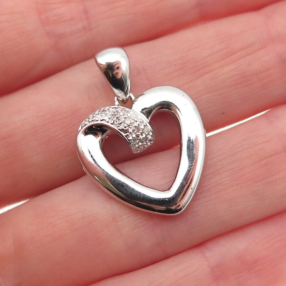 925 Sterling Silver Real Round-Cut Diamond Heart Charm Pendant